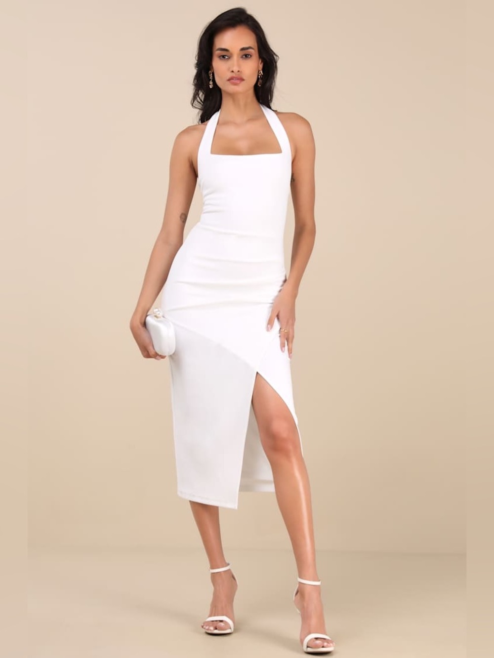 NEW LULUS Prominent Charm White Halter Bodycon Tulip Midi Dress